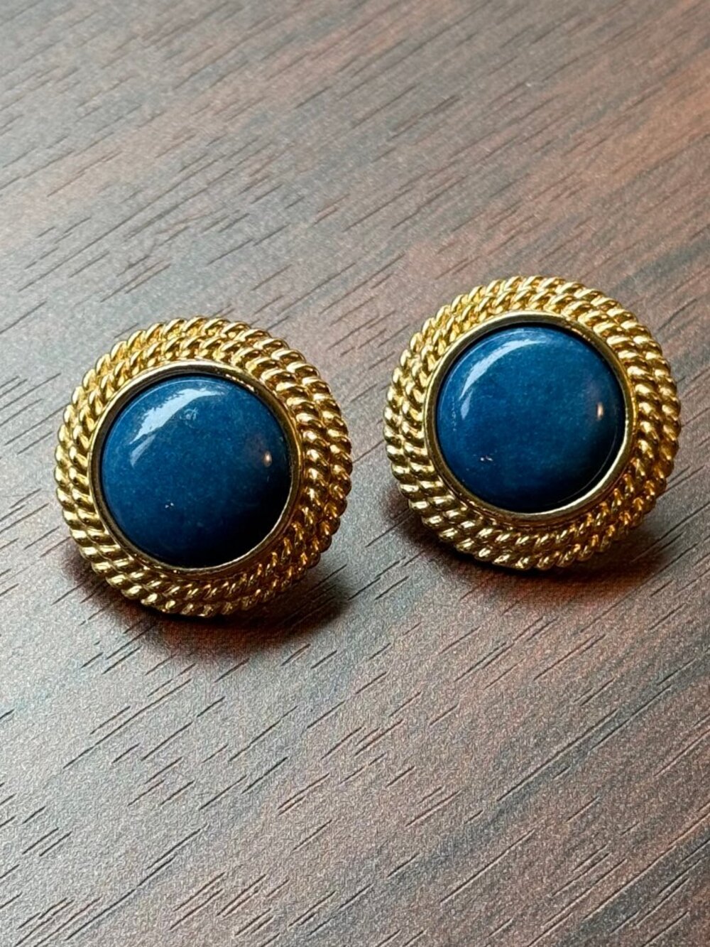 1980s 10k Gold Plated Blue Ceramic Stud Earrings with Rope Details